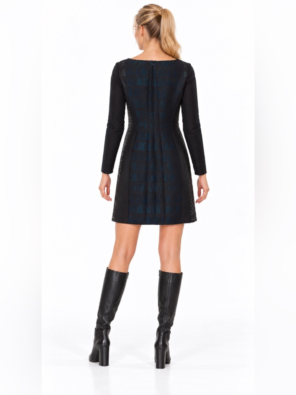 Cédric Charlier Navy Black Plaid Wool Long Sleeve Mini Dress NWOT Size M - Picture 2 of 7